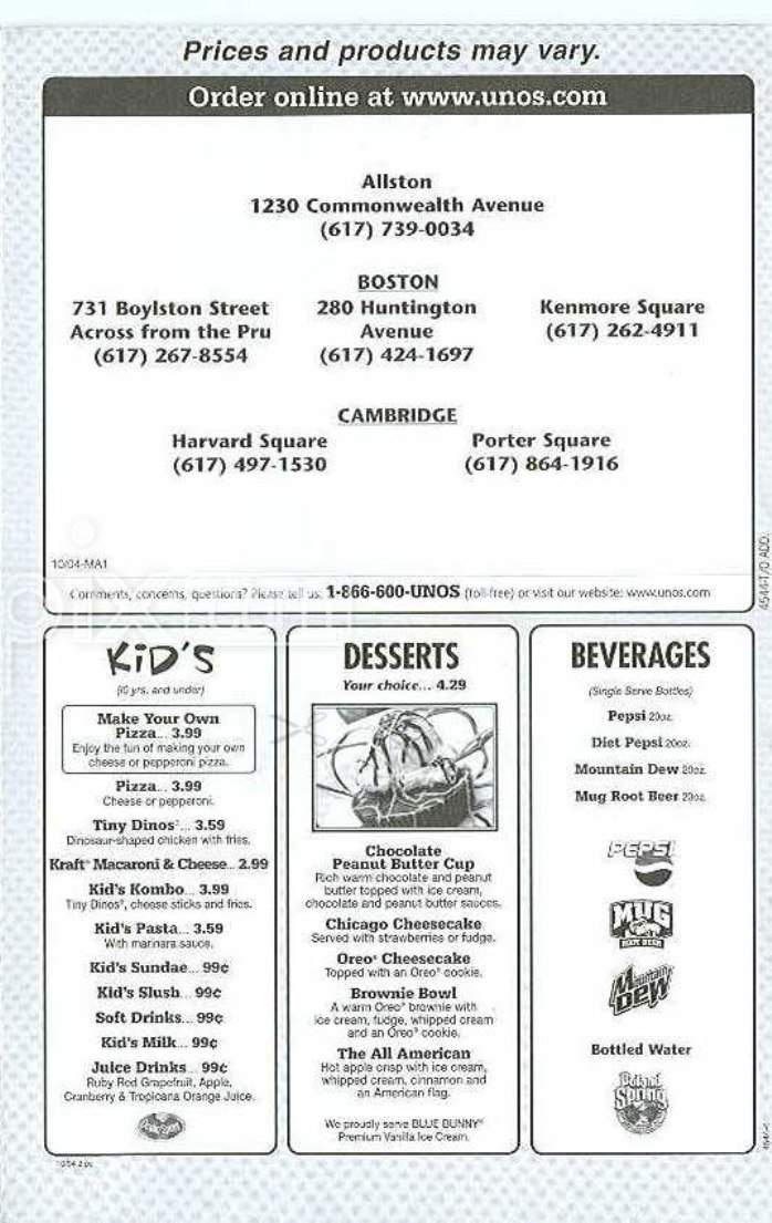 Pizzeria Uno's - Boston, MA menu_pic