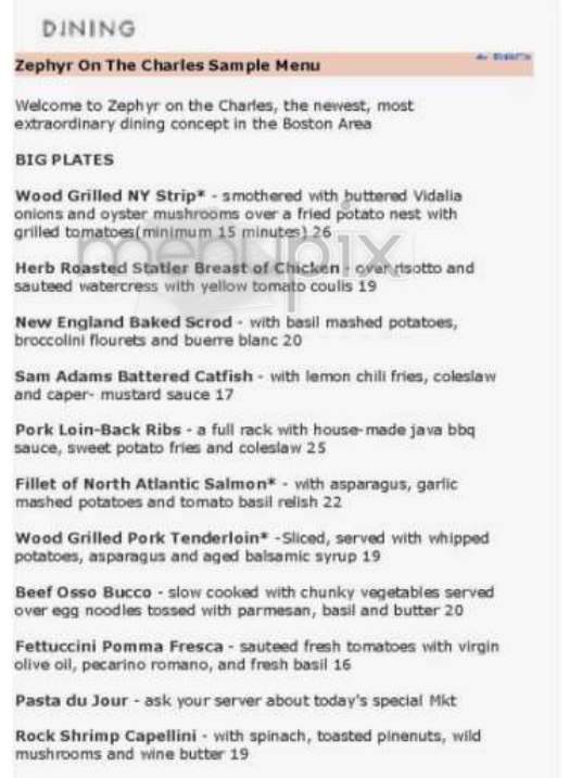 Zephyr On The Charles (Hyatt) - Cambridge, MA menu_pic
