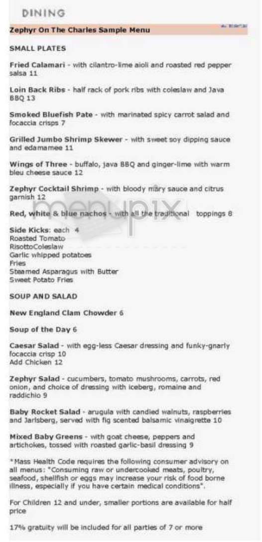 Zephyr On The Charles (Hyatt) - Cambridge, MA menu_pic