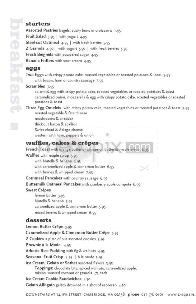 Z Square Restaurant & Bar - Cambridge, MA menu_pic