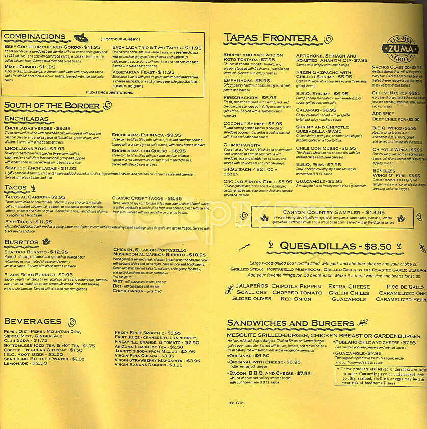 Zuma Tex-Mex Cafe - Boston, MA menu_pic