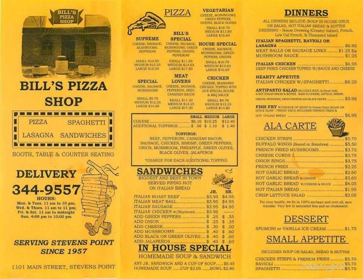 Menu of Bill's Pizza Shop in Stevens Point, WI 54481