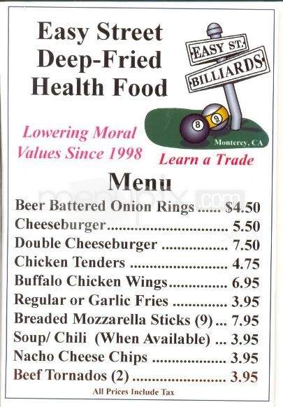 Easy Street Billiards - Monterey, CA menu_pic