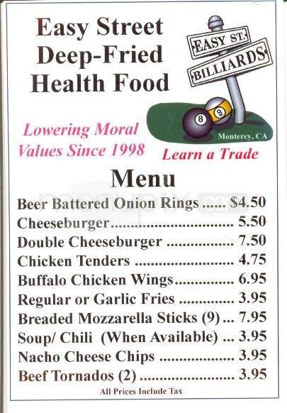 Easy Street Billiards - Monterey, CA menu_pic