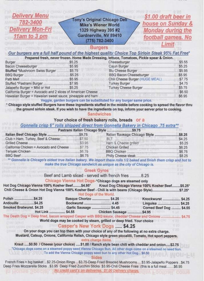 Tony's Original Chicago Deli & Mike's Wiener World - Gardnerville, NV menu_pic