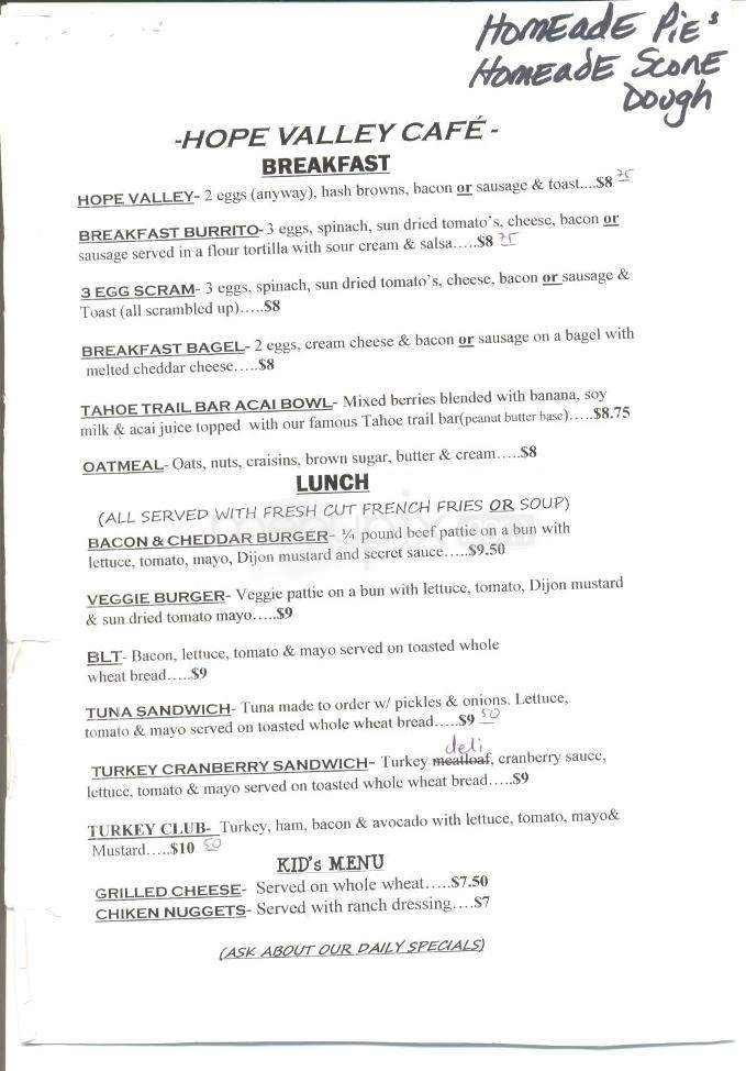 Hope Valley Resort - Hope Valley, CA menu_pic