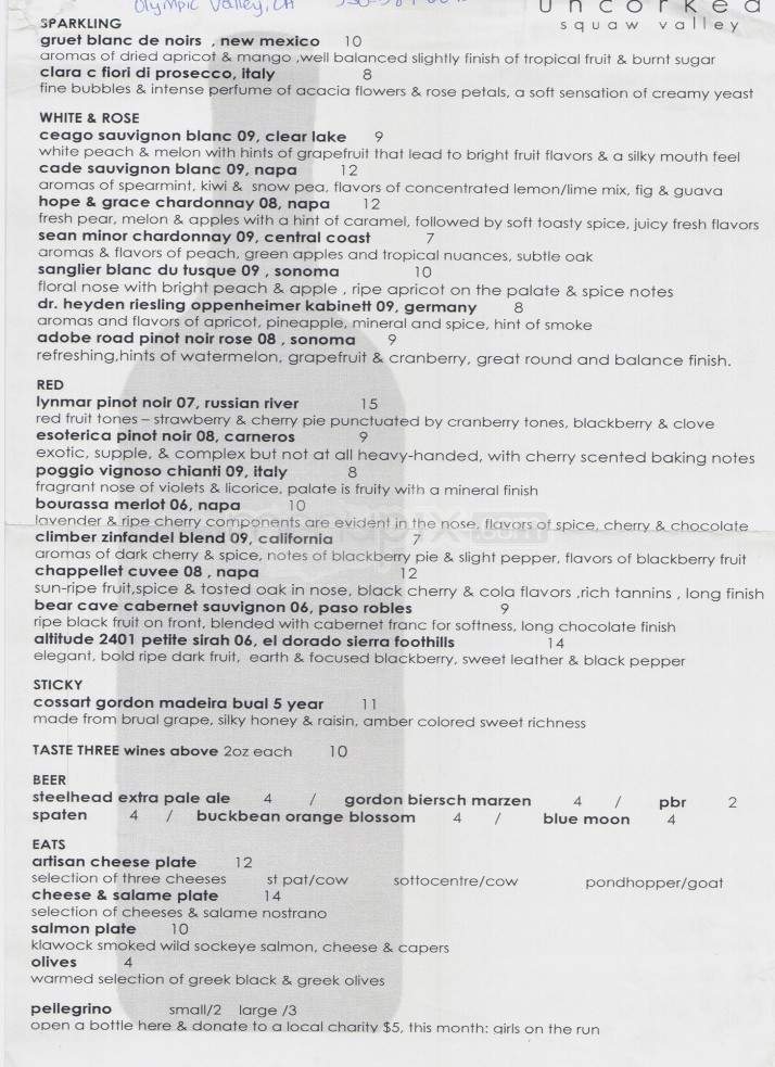 Uncorked Squaw Valley - Olympic Valley, CA menu_pic