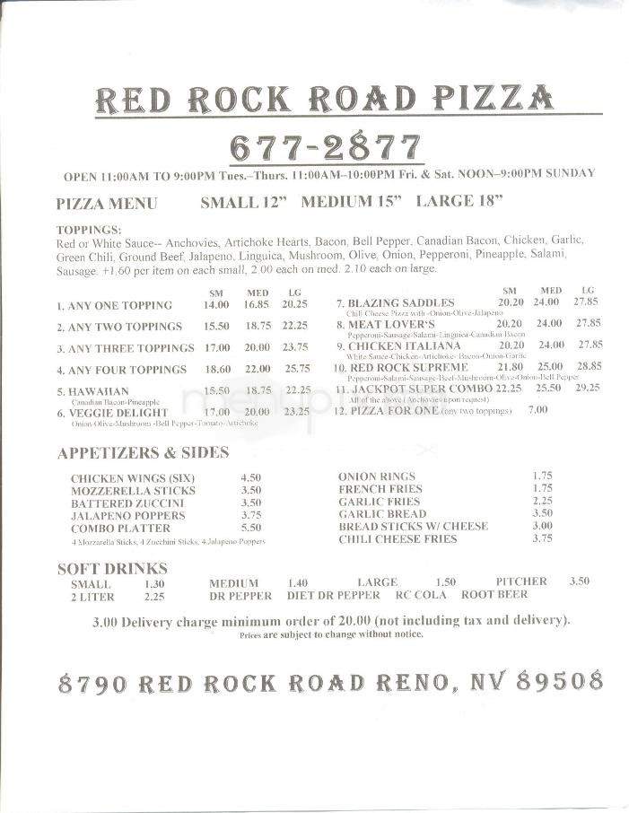 Red Rock Road Pizza - Reno, NV menu_pic