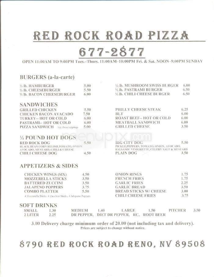 Red Rock Road Pizza - Reno, NV menu_pic