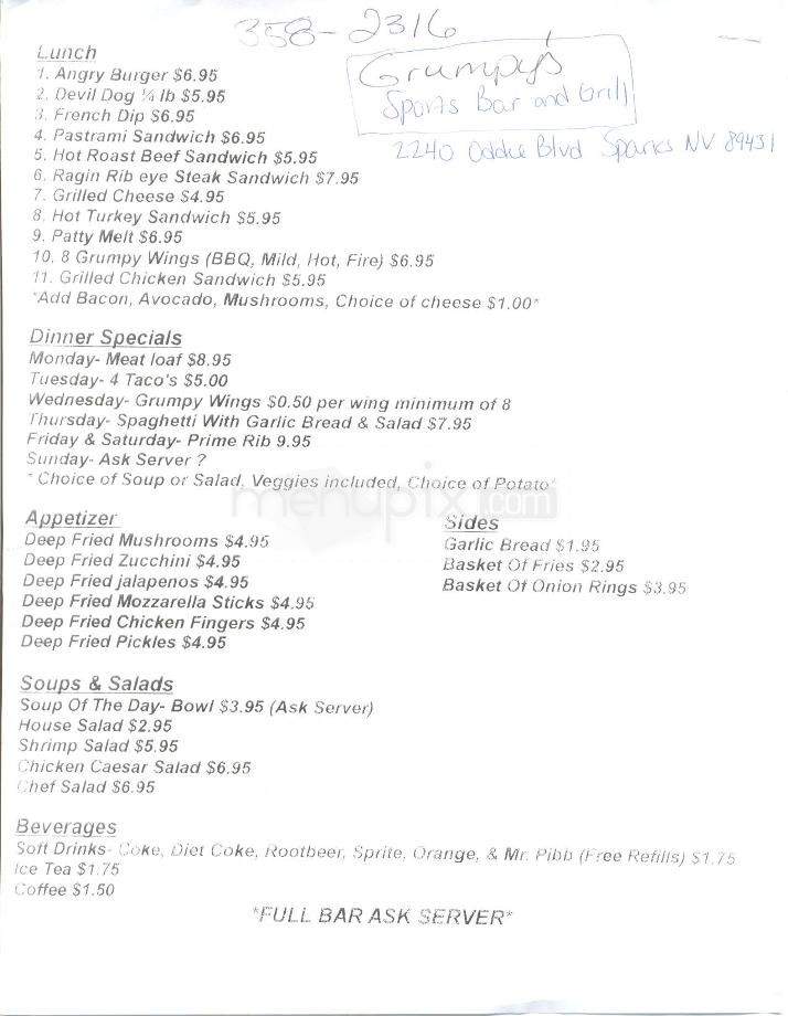 Grumpy's Sports Bar and Grill - Sparks, NV menu_pic