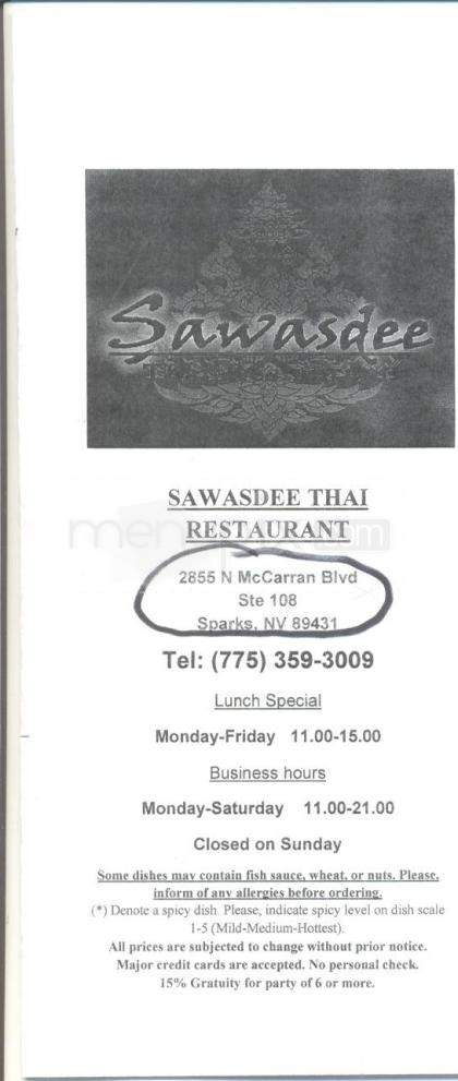 Sawasdee Thai Restaurant - Sparks, NV menu_pic