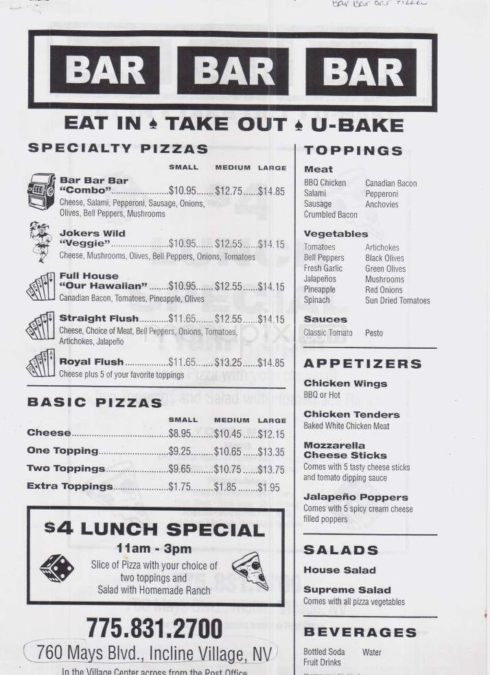 Bar Bar Bar Pizza - Incline Village, NV menu_pic