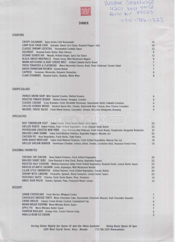 Washoe Steakhouse - Reno, NV menu_pic