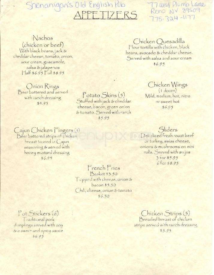 Shenanigan's Old English Pub - Reno, NV menu_pic