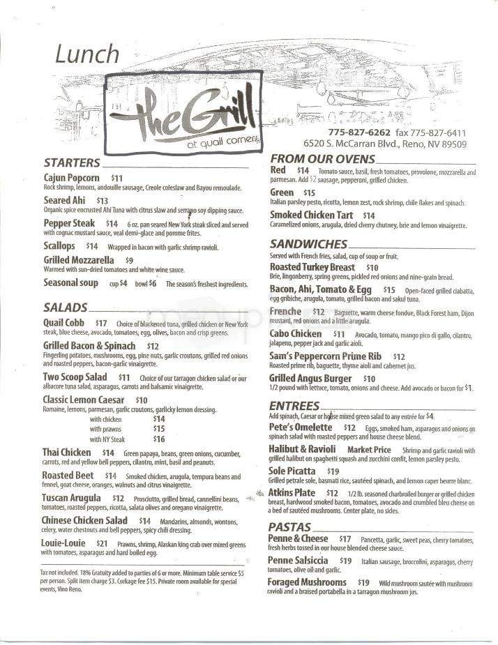 Grill At Quail Corners - Reno, NV menu_pic