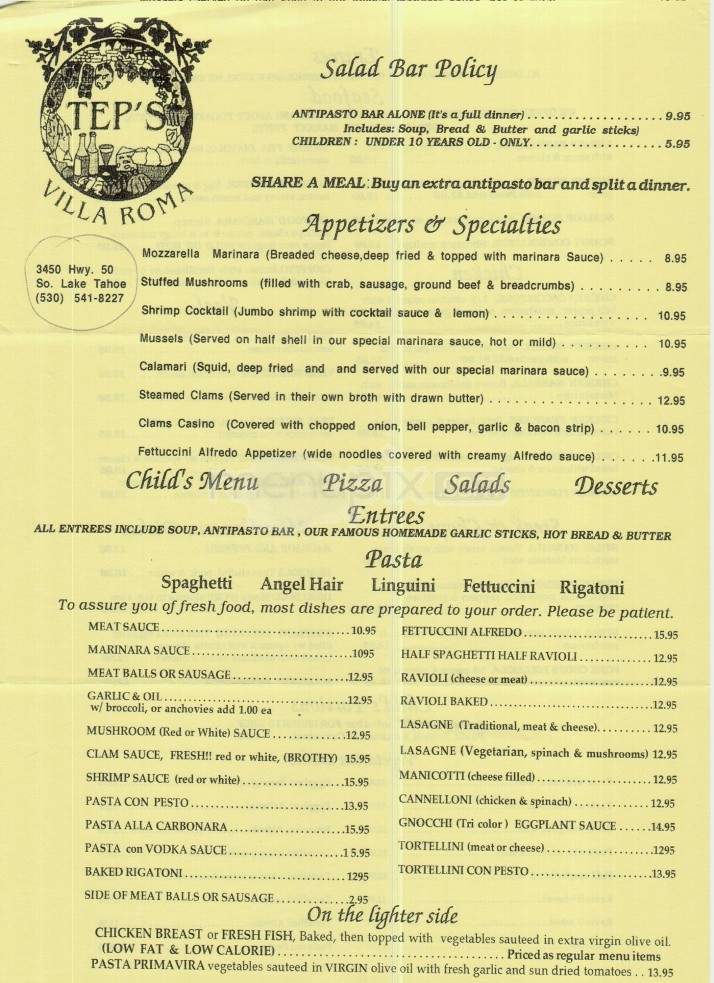 Tep's Villa Roma - South Lake Tahoe, CA menu_pic