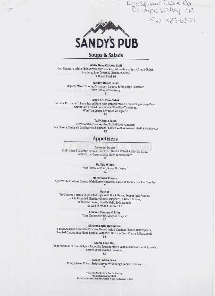 /378639/Sandys-Pub-Menu-Olympic-Valley-CA - Olympic Valley, CA