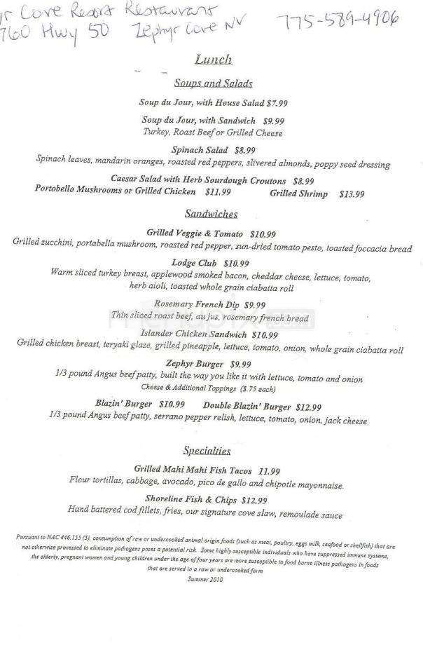 Zephyr Cove Lodge Restaurant - Reno, NV menu_pic
