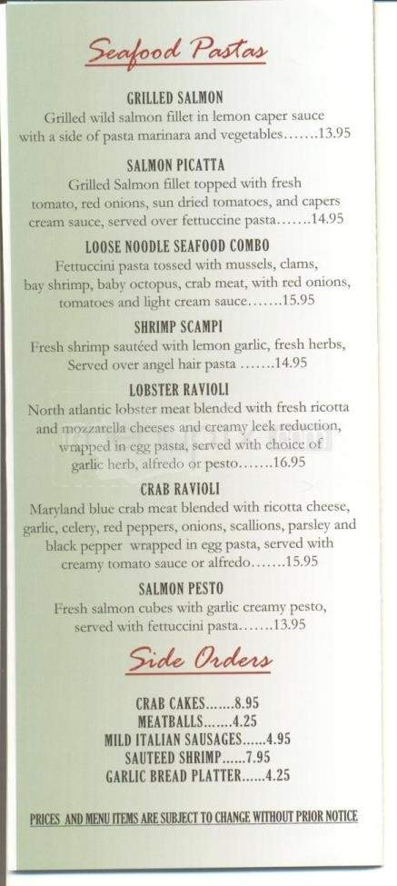 Loose Noodle Pasta House - Monterey, CA menu_pic