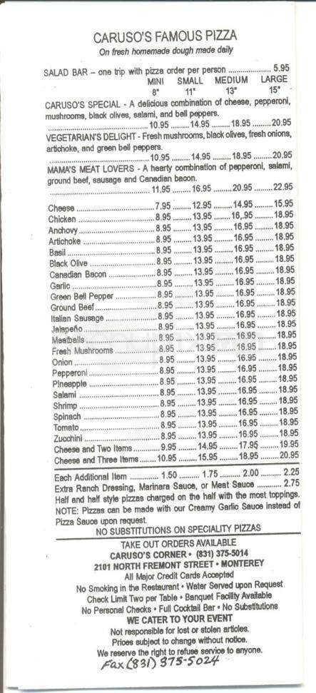 Caruso's Corner Restaurant - Monterey, CA menu_pic