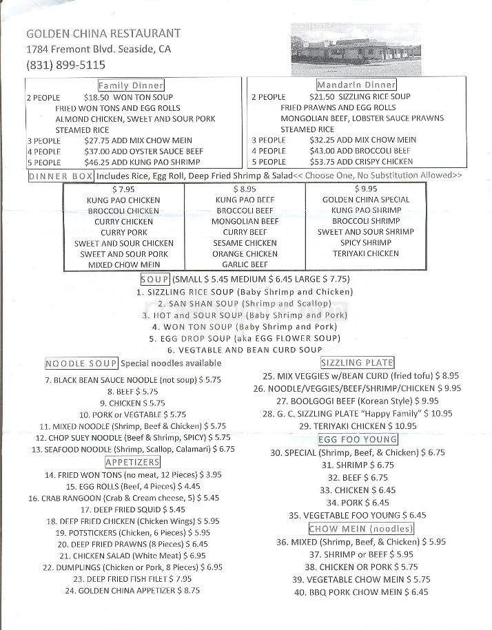 Golden China Restaurant - Seaside, CA menu_pic