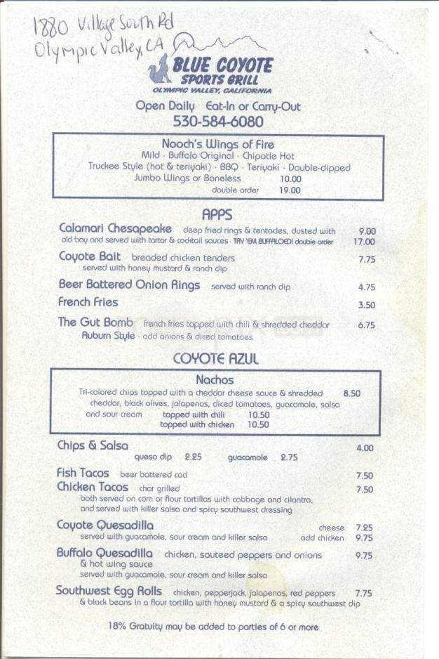 Blue Coyote Sports Grill - Olympic Valley, CA menu_pic
