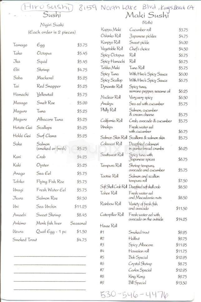 Hiro Sushi - Kings Beach, CA menu_pic