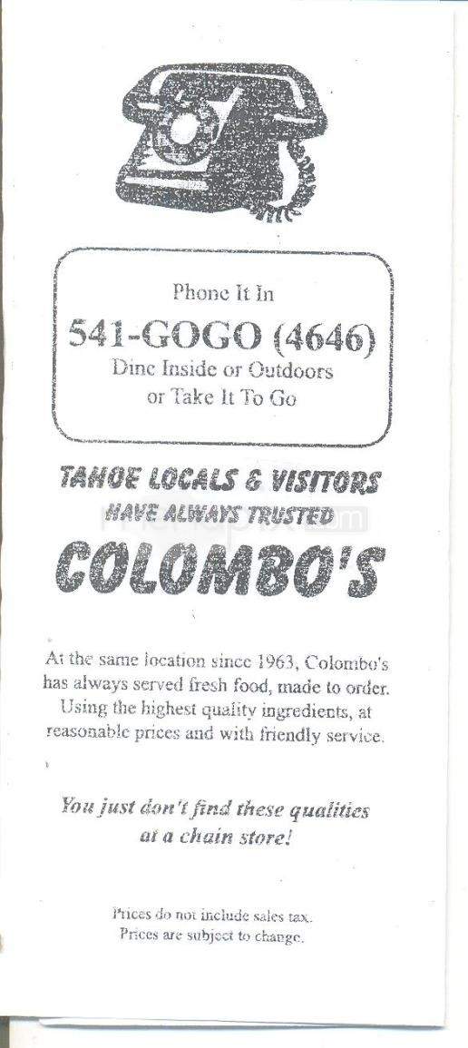 /5575750/Colombos-Burgers-A-Go-Go-Menu-South-Lake-Tahoe-CA - South Lake Tahoe, CA