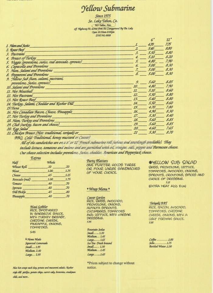 /5575795/Yellow-Submarine-Menu-South-Lake-Tahoe-CA - South Lake Tahoe, CA