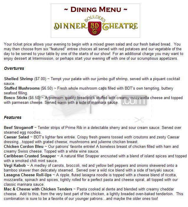 Boulder's Dinner Theatre - Boulder, CO menu_pic
