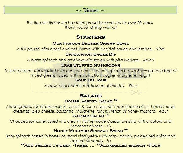 Boulder Broker Inn Restaurant - Boulder, CO menu_pic