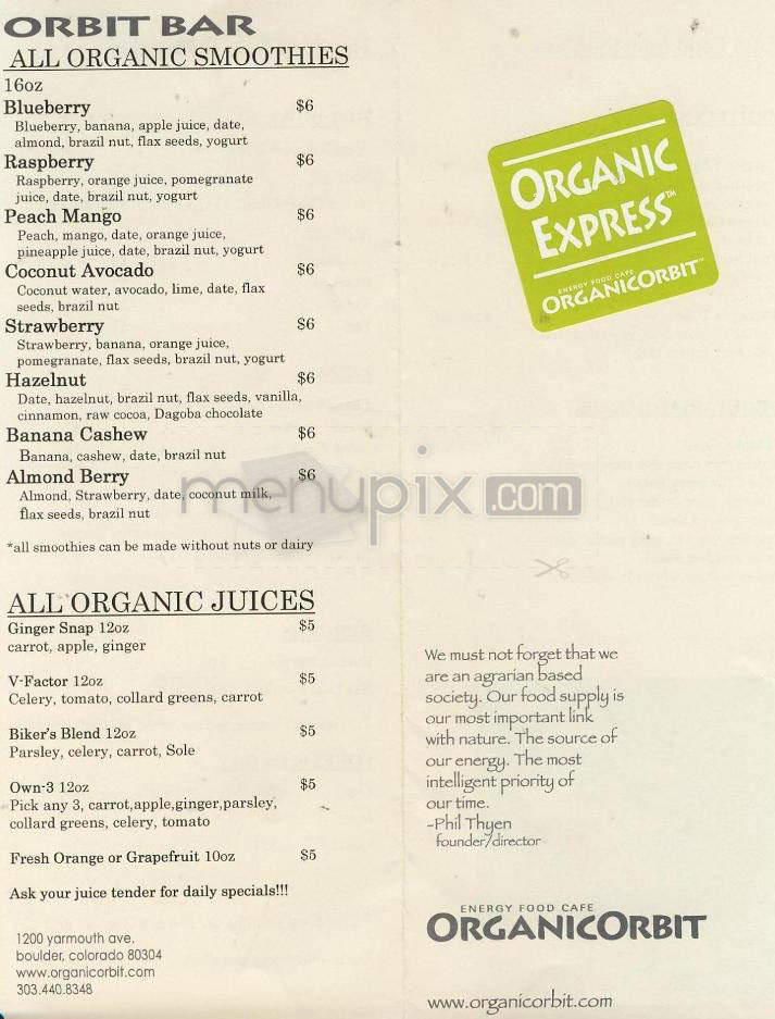 Organic Orbit - Boulder, CO menu_pic
