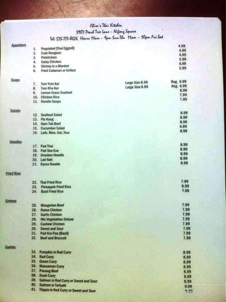 Chim's Thai Kitchen - Columbia, MO menu_pic