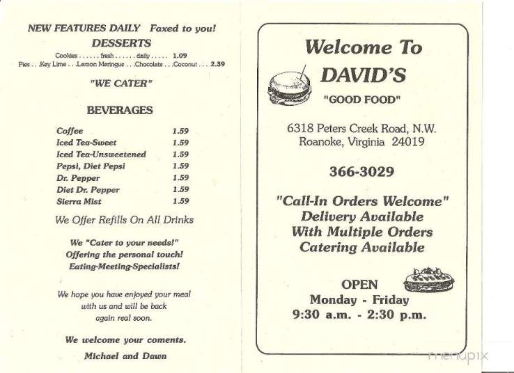 David's Good Food - Roanoke, VA menu_pic