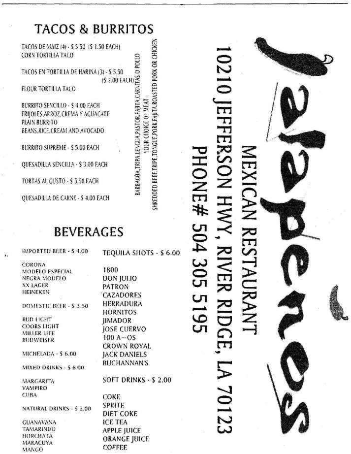 Jalapeno's - River Ridge, LA menu_pic
