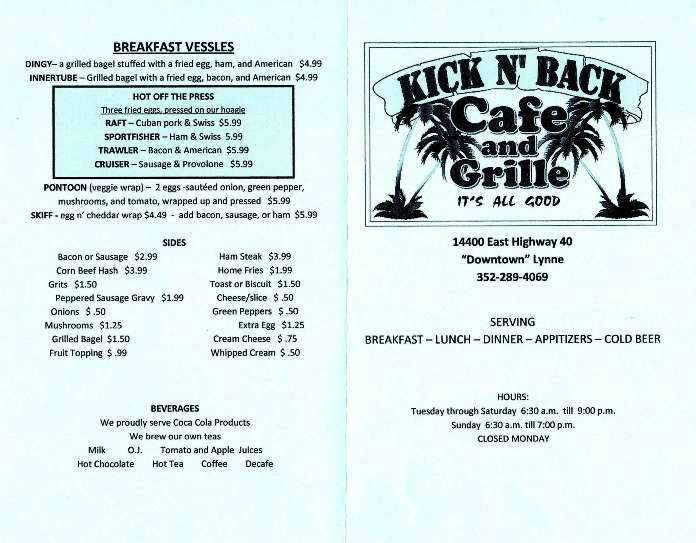 Kick n' Back CAFE - Silver Springs, FL menu_pic