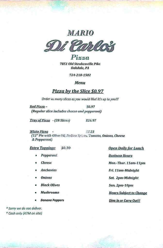 Mario DiCarlo's Pizza - Oakdale, PA menu_pic