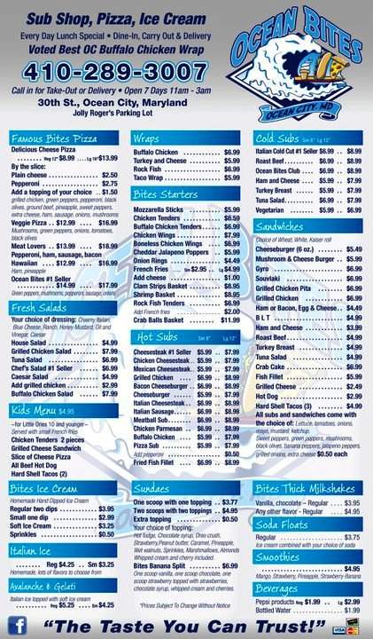 Ocean Bites Subshop Pizza Ice Cream - Ocean City, MD menu_pic