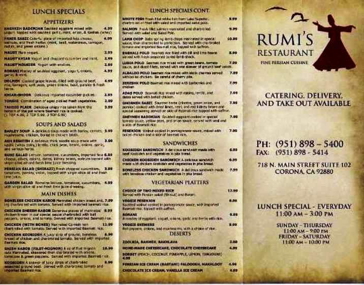 Rumi's Restaurant - Corona, CA menu_pic