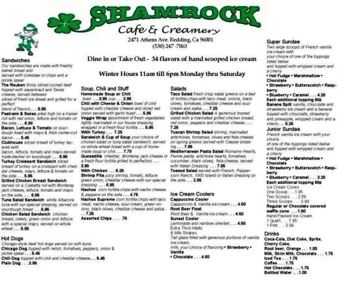 Shamrock Cafe Creamery - Redding, CA menu_pic