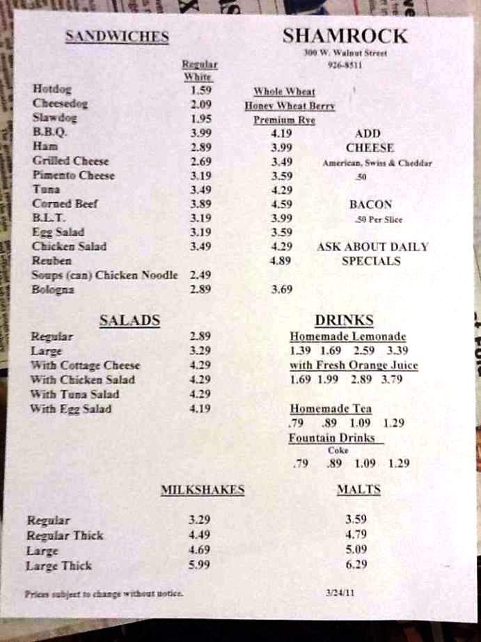 Shamrock - Johnson City, TN menu_pic