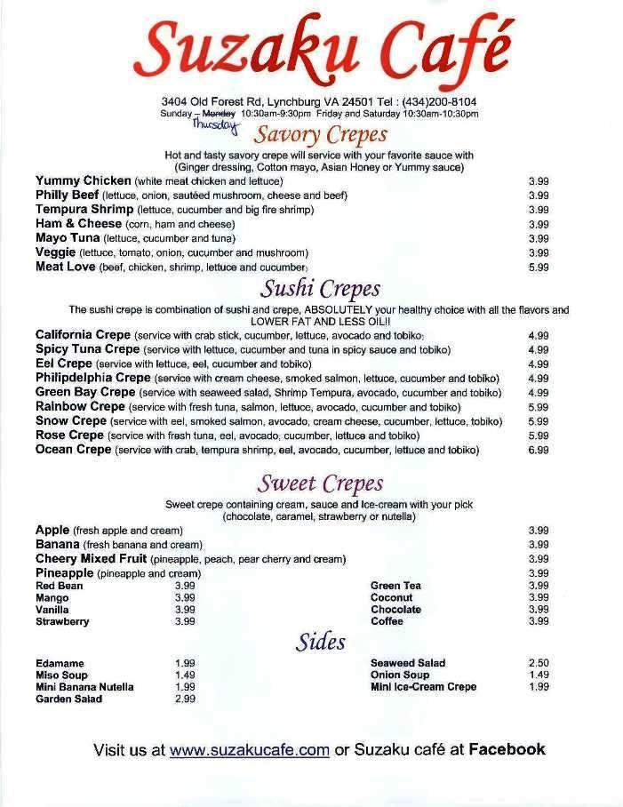 Suzaku Cafe - Lynchburg, VA menu_pic