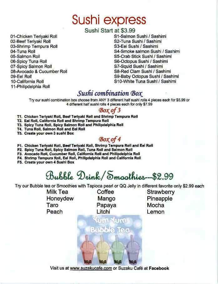 Suzaku Cafe - Lynchburg, VA menu_pic