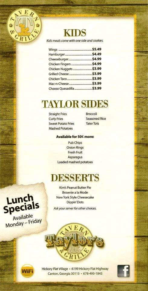 Taylor's Tavern Grille - Canton, GA menu_pic