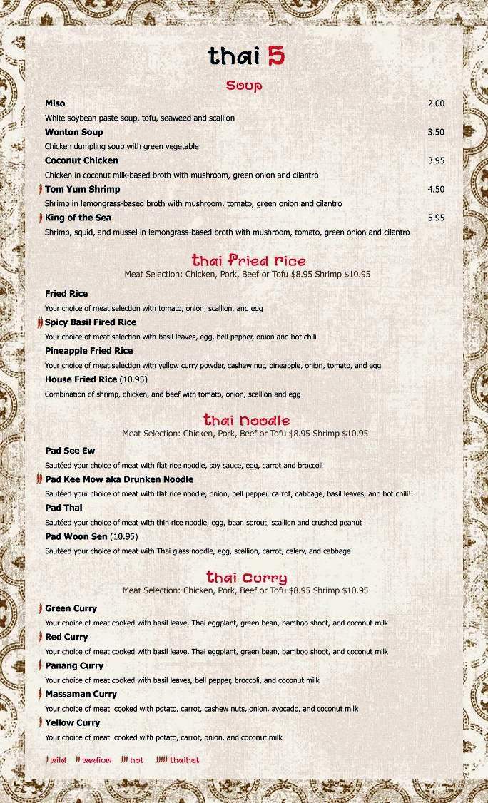 Thai 5 Sushi Bar - Atlanta, GA menu_pic