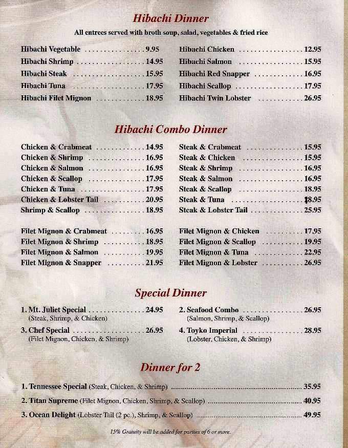 Tokyo Japanese Steak House - Mount Juliet, TN menu_pic