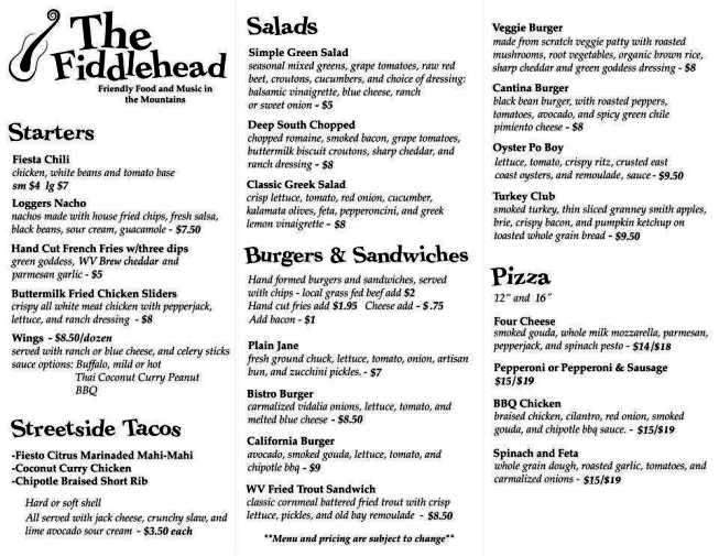 The Fiddlehead Restaurant Bar - Snowshoe, WV menu_pic