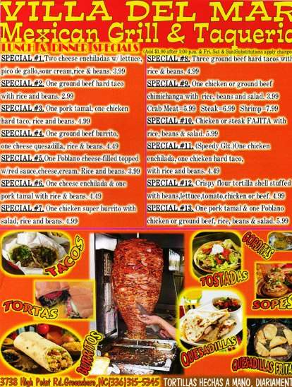 Villa Del Mar Cocina Mexicana - Greensboro, NC menu_pic