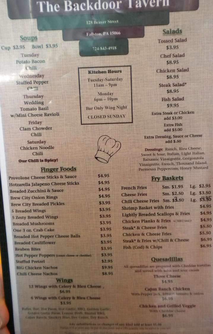 Back Door Tavern - New Brighton, PA menu_pic