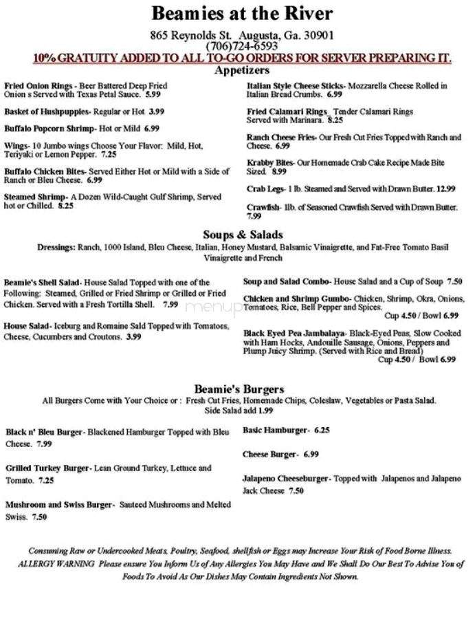 Beamie's At The River - Augusta, GA menu_pic